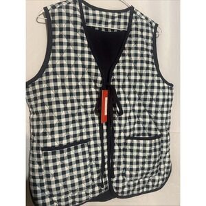 NWT Blue Checked Quilted Vest Size M Tie Front And Pockets